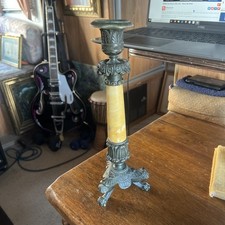Antique French Empire Style Brass Bronze Marble Candlesticks Holders 11” picture