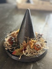 Signed Folk Art Witch Hat Display by Lea 1996 Primitive Halloween Decor picture