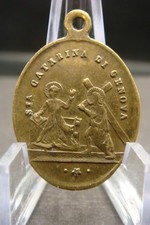 RARE ANTIQUE ST CATHERINE OF GENOA ANNUNCIATION BRONZE CATHOLIC MEDAL PENDANT picture