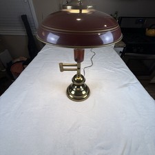Vintage MCM Swing Arm Desk Lamp Burgundy Gold Dome Shade Brass Tone picture