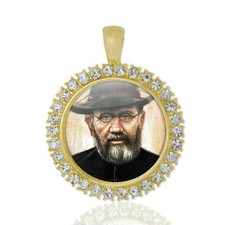 St Damien Of Molokai Christian Round Medal Gold Tone Pendant with Rhinestones picture