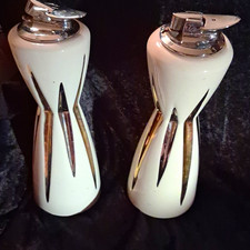 Ronson Pair White Ceramic Tabletop Lighters w/ Chrome Accents picture