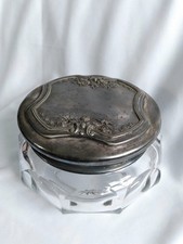 Antique Vintage Victorian Art Nouveau Vanity Trinket Glass Jar Floral Motif Lid picture