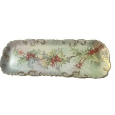 Antique 1907 Hand Painted Porcelain Holly Berry Tray Christmas Gold Gilt picture