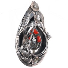 Huge c1970 Jerry Roan reversible spinner coral/turquoise sterling silver pendant picture