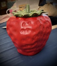 VTG McCoy Pottery USA 263 Red Strawberry Cookie Jar w/ Green Stem Lid  picture