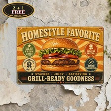 Central Stacked Hamburger Illustration Vintage Burger Diner Retro Metal Tin Sign picture