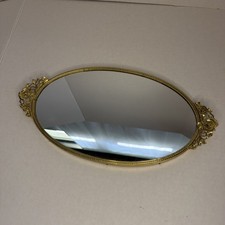 Vtg Stylebuilt Roses Oval 13” Mirror Vanity Tray MCM Hollywood Regency Gold (A5 picture