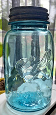 Vintage (Off Center) BALL MASON JAR # 2 Blue Glass Quart Jar 1900-1923 w/ Lid picture