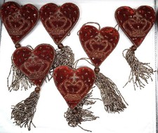 Vintage Velvet Handmade With Gold Trim Hearts Hanging Ornaments 6 Approx 4” x4” picture