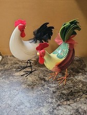 Two Rocking Roosters Porcelain Wire Legs Feet Felt Details Pair Farmhouse Decor  picture