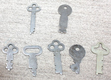7 Vtg Antique Flat Steel Keys Lot Skeleton Padlock Drawer Trunk Steampunk Craft picture