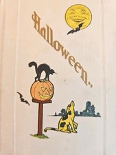 Halloween Antique Postcard Gibson Yellow Dog Howls At Moon Hissy Black Cat  1912 picture