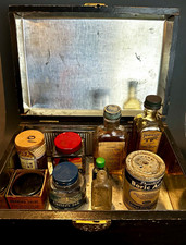Antique Tin Lined Wood Apothecary Box Lot Vintage Medicine Bottles Tins Salve + picture