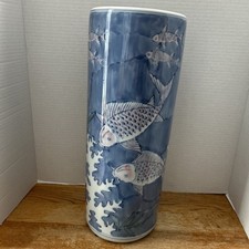 Lg. Vintage Chinese Porcelain Vase / Umbrella Holder Cylinder Shaped With Koi picture