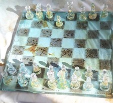 Custom Handcrafted Ocean Blue with Gold Flakes Decor Luxury Resin Chess Set picture