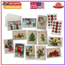 24 Vintage Christmas Greeting Cards and Envelopes 12 Unique Retro Illustrations picture