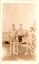 Vintage Photo 1940s Three Men in Swim Trunks Beach Lake Sepia Toned Snapshot picture