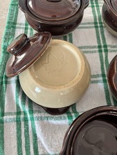Vintage Monmouth Brown Drip Glaze Soup/Bean Pot Handles ~4” 1970’s Set Of 5 picture