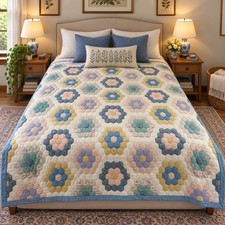 Vintage Handmade Grandmother’s Flower Garden Patchwork Quilt 210x207c picture