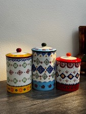 Signature Housewares Stoneware Canister Set of 3 Multicolor Floral Lids picture