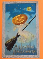 Antique Vntg Halloween Postcard, Barton Spooner 34A, JOL Ghost Flying On Broom picture