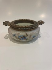 Antique Wave Crest C.F. Monroe Scroll Mold Blue Floral Glass Trinket Bowl Handle picture