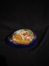 Vintage Cobalt Blue Porcelain Trinket Box Gold Filigree Romantic Pastoral Scene picture