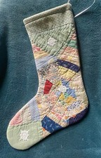FABULOUS ANTIQUE VINTAGE CUTTER QUILT CHRISTMAS STOCKING GREEN & MULTI 26-54 picture