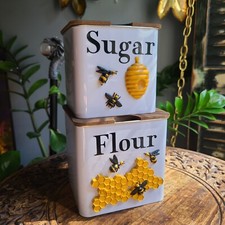 Honey Bee Flour & Sugar Kitchen Canisters Set Farmhouse Decor Handmade Metal picture