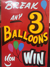 Vintage RARE Hand Painted Carnival Sign Break Any 3 Balloons You Win Metal 12x18 picture