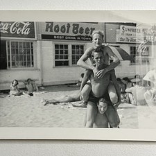 Vintage B&W Snapshot Photograph Handsome Men Shirtless Man Shoulders Coca Cola picture