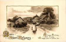 Antique Birthday Postcard Many Happy Returns Cottage Woman Germany 1912 picture