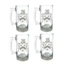 Custom Family Crest Glass Beer Stein Set of 4 Engraved Coat of Arms Gift picture