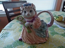 Vtg Lefton 1990  Adorable Teapot Cat With Bonnet  And Bouquet Of Flowers picture