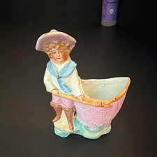 Vintage Hand Painted Ceramic Victorian Boy Figure Planter Pink Blue White picture