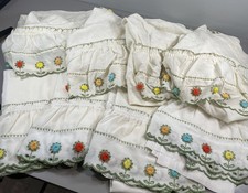 Vtg 70’s Embroidered Ruffled Flower Pom Pom 4 Curtains 30x42 & 4 Valances 36x44 picture