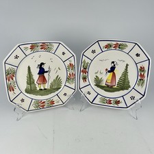 HB Quimper France Rare QUI18 Pattern, Breton Man Woman Octagonal Plates 10” Pair picture