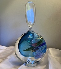 Rare Signed Studio Art Glass Perfume Bottle, 1993, Blue with Gold flecks, 9.5 in picture