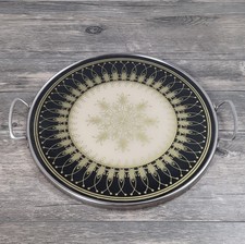 VTG West German Glass Serving Tray Metal Handles Hand Painted 11
