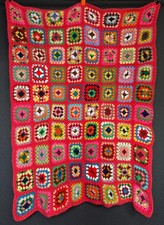 Vintage 1970s colorful patchwork afghan wool throw blanket floral granny square picture