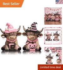 2 Pcs Pink Highland Cow Halloween Decor, Resin Witch Cow Figurines with Pink ... picture