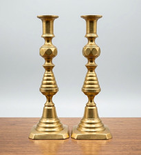 Antique Victorian Brass Candlesticks Pair Beehive Diamond Pattern Push-Up 1893  picture