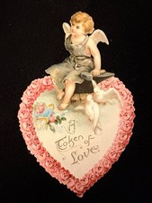 Vintage Valentine “A Token of Love” Scalloped Heart Shaped Cupid Wings Damage picture