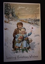 ~Christmas~Children in Snow with Sled~Antique Embossed PFB Holiday~Postcard~s948 picture