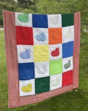 1970s Vintage 96 x 62 Cutter Quilt Embroidered Cats Squares - Repair Repurpose picture