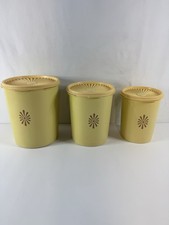 Vintage 1970s Tupperware Servalier Canister Set 3 Harvest Gold Sunburst Lids picture