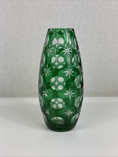 Czech Lead Crystal Vase Emerald Green Cut to Clear 7.5