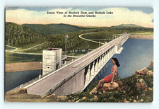 c1940s Norfork Dam Lake Ozarks Woman Lounging on Rock Pink Dre Linen Postcard G7 picture