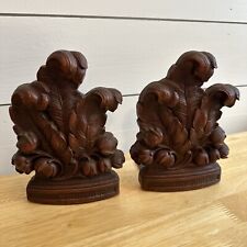 Vintage Syroco Composite Wood Bookends~Acanthus Leaf Leaves Plume Floral Brown picture